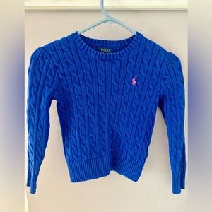 Polo by Ralph Lauren Royal Blue Cable Knit Crewneck with Pink Pony (8-10 Y)
